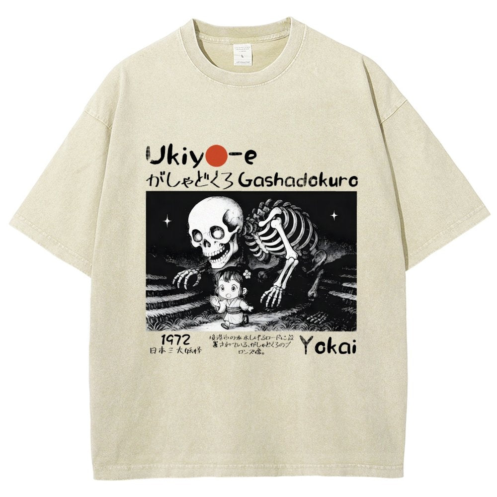Gashadokuro Skeleton Yokai Ukiyo-e Vintage Distressed T-shirt