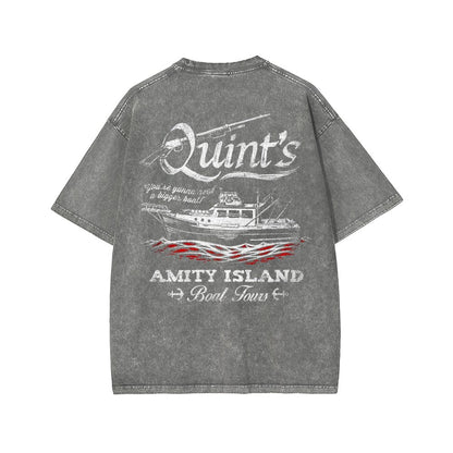 Captain's Shark Fishing Front And Back Printing Washed T-shirt