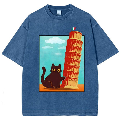 Purrfectly Tilted Funny Cat 。png Vintage Distressed T-shirt