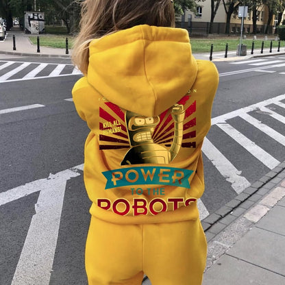Power To The Robots Printed Back Cotton Hoodie