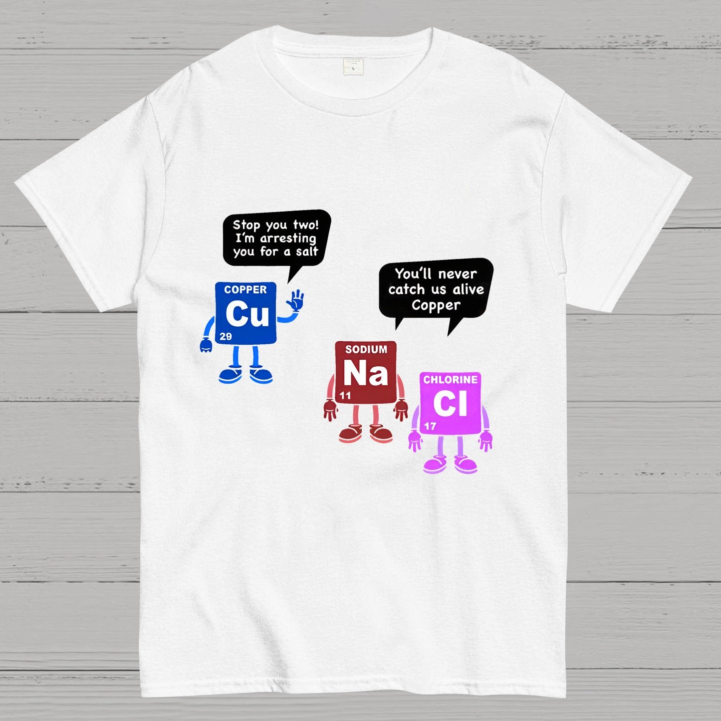 Funny Salt and Copper Periodic Table Police Pun Geeky T-Shirt