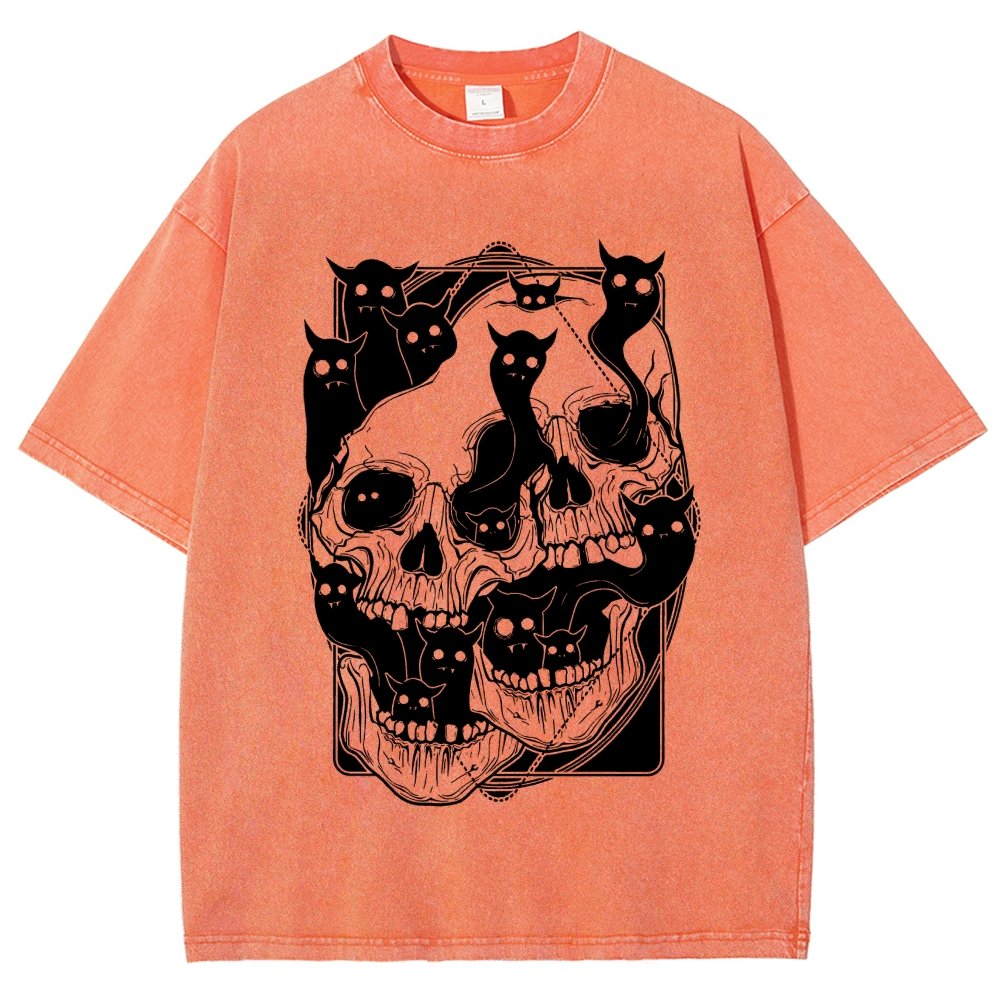 Cat Ghost Double Skull Vintage Distressed T-shirt