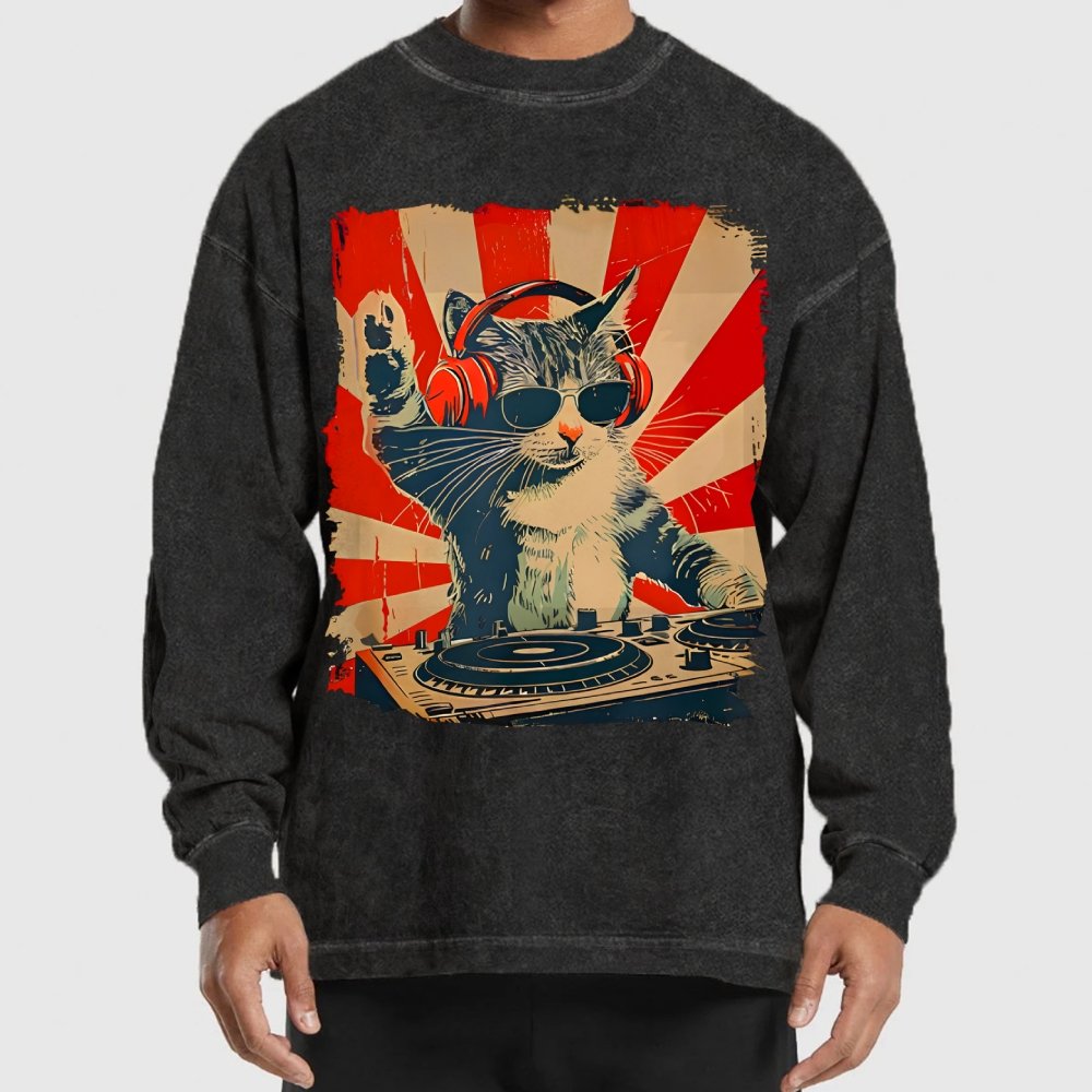 Rock Music Cat Washed Long Sleeve Tee