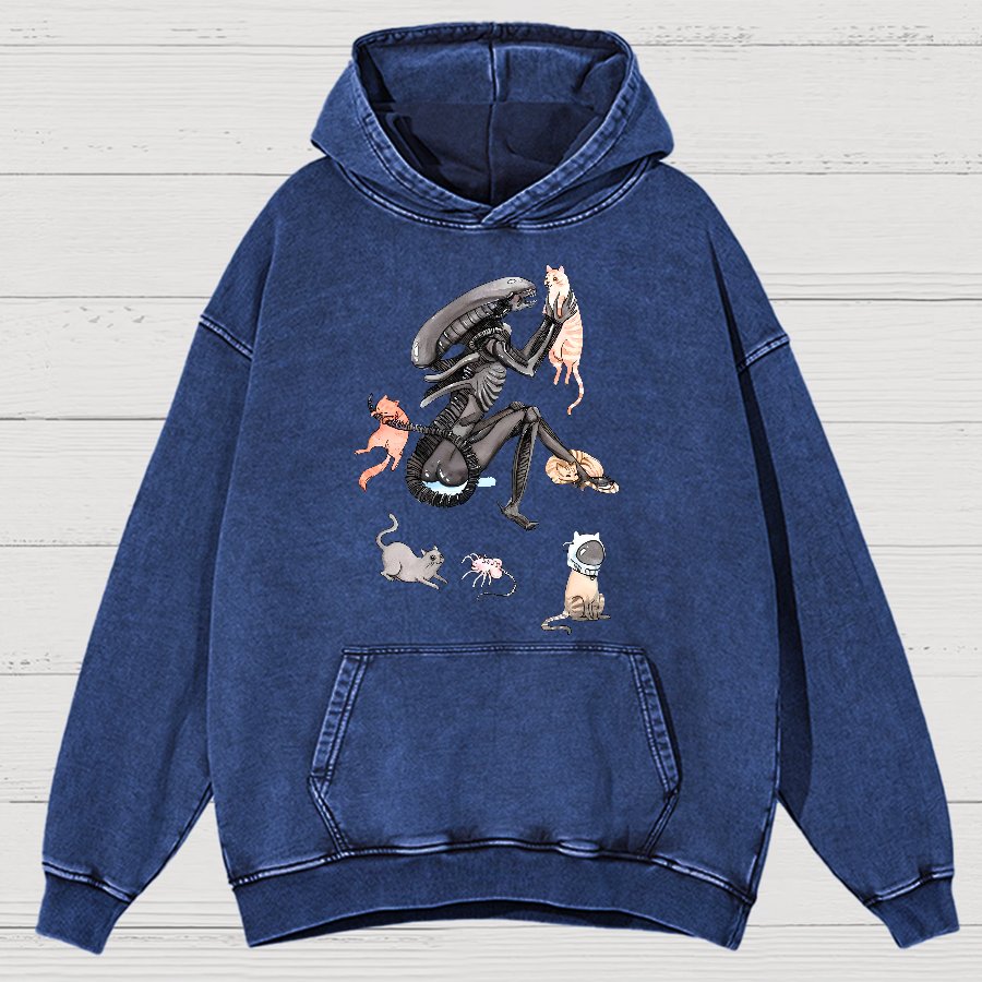 Funny Alien And Cat Vintage Distressed Hoodie