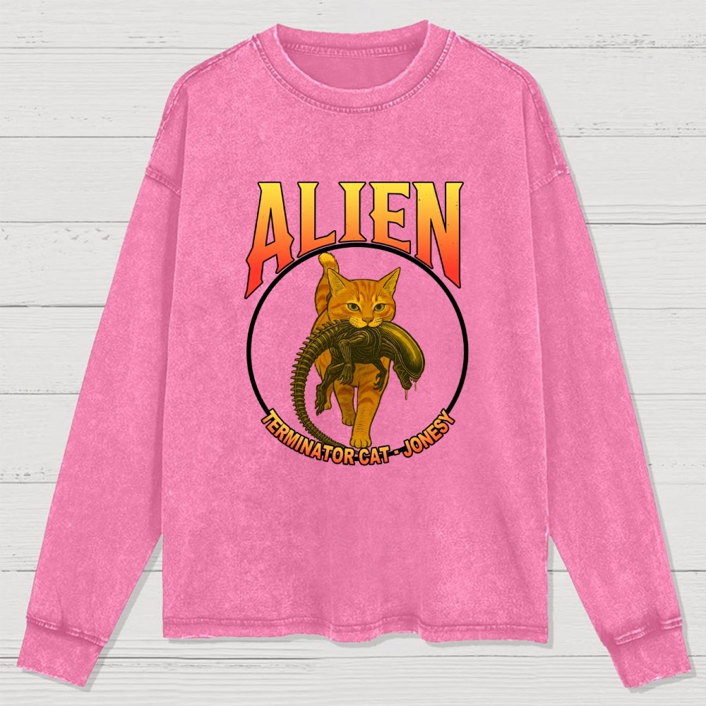 Black Cat Eating Alien Washed Long Sleeve Tee