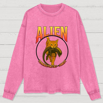 Black Cat Eating Alien Washed Long Sleeve Tee