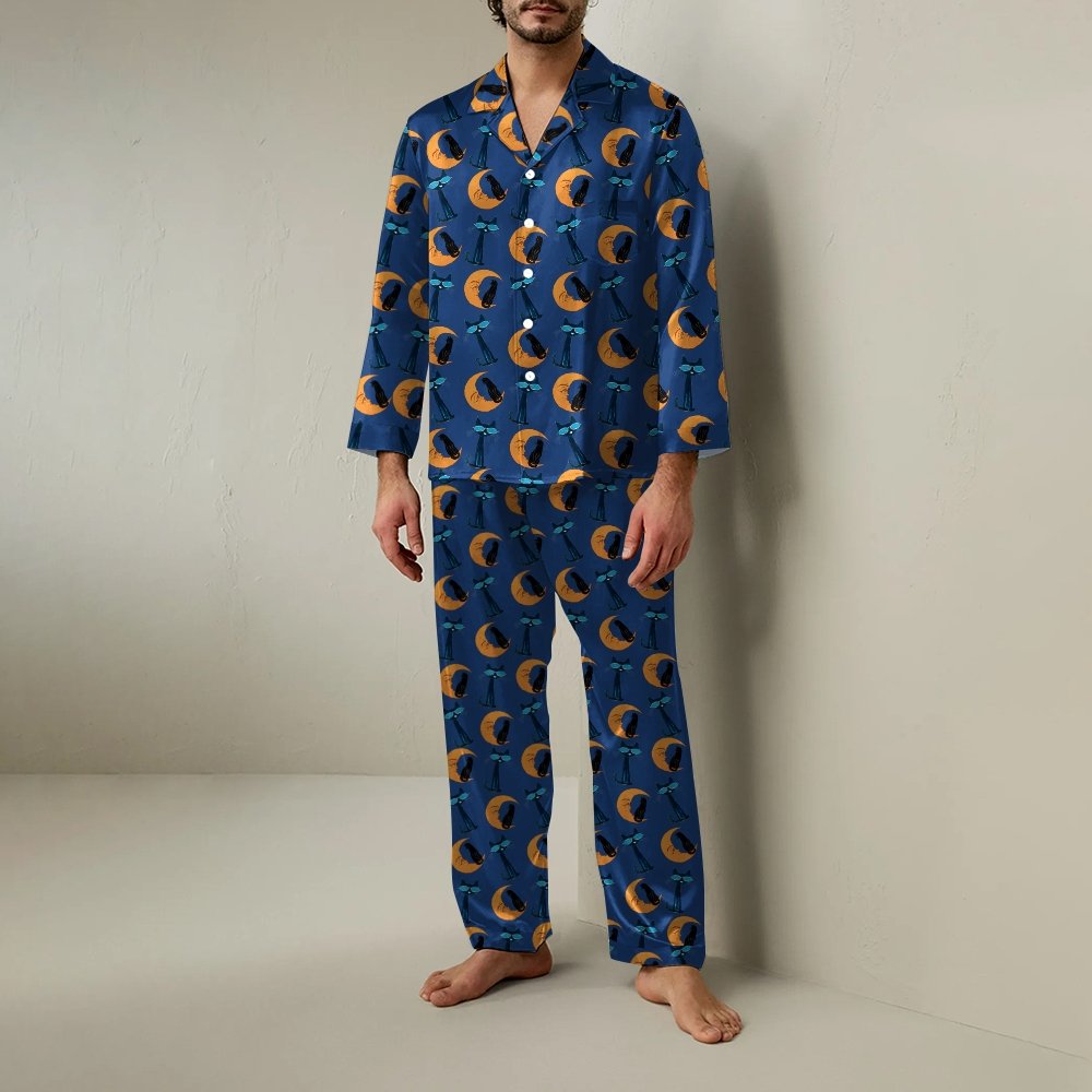 Moon Black Cat Print Geek Long Sleeve Pajama Set