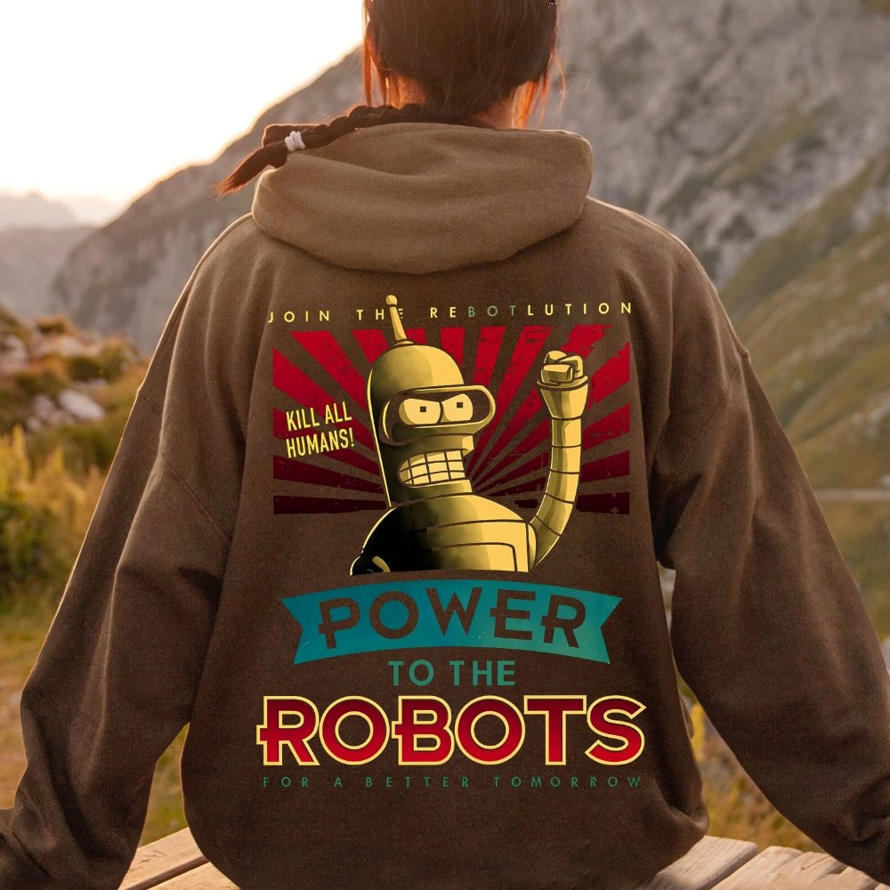 Power To The Robots Printed Back Cotton Hoodie