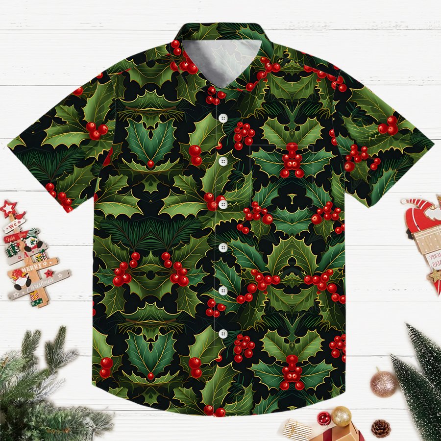 Christmas Red Fruit Leaves Print Geeky Shirt