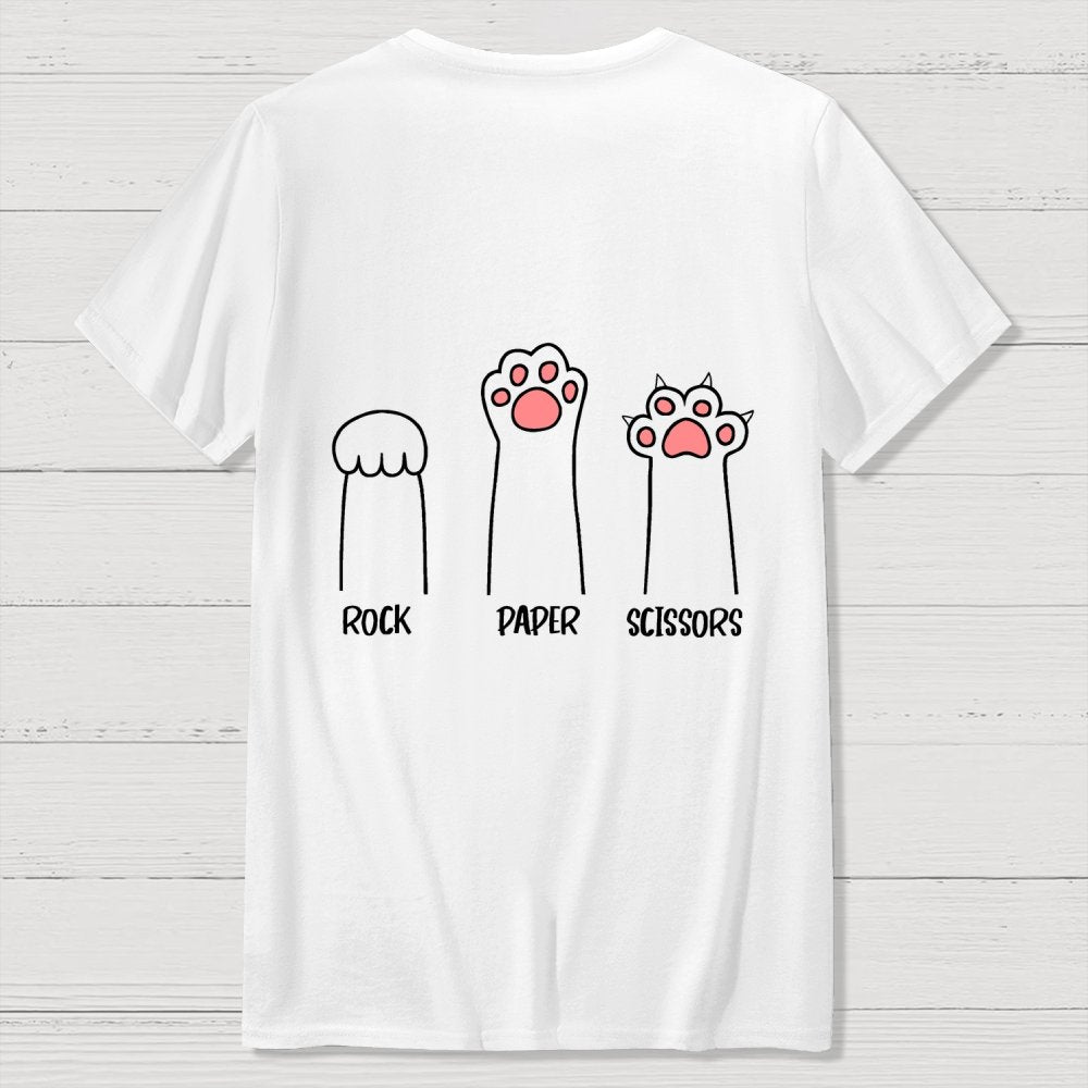 Rock Paper Scissors Hand Game Cute Paw Funny Cat Front And Back Printing Geek T-Shirt