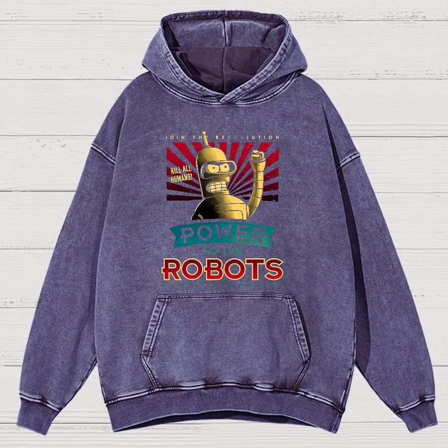 Power To The Robots Vintage Distressed Hoodie