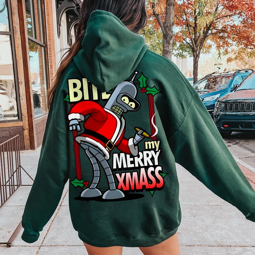 Happy Christmas From Robot Printed Back Cotton Hoodie
