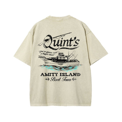 Captain's Shark Fishing Front And Back Printing Washed T-shirt