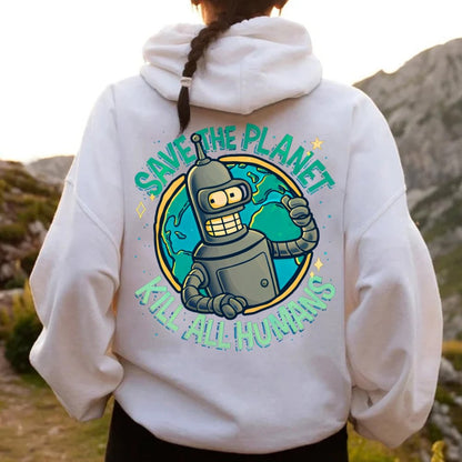 Save The Planet Kill All Humans Geek Printed Back Cotton Hoodie