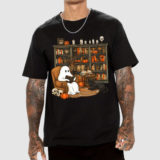 Retro Ghost Reading Books Geek T-Shirt
