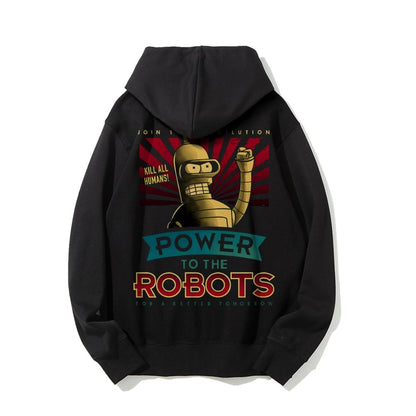 Power To The Robots Printed Back Cotton Hoodie