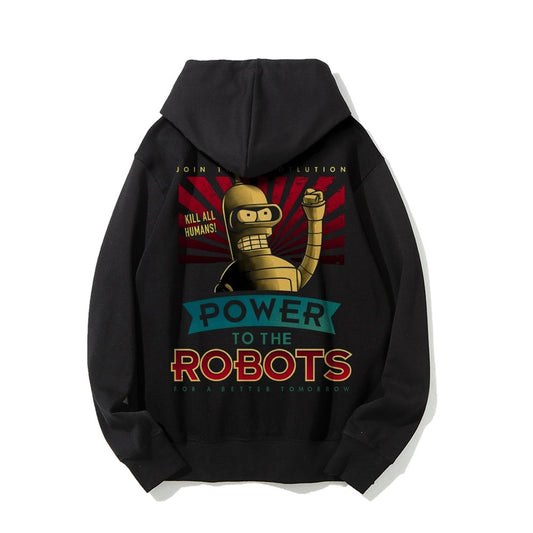 Power To The Robots Printed Back Cotton Hoodie
