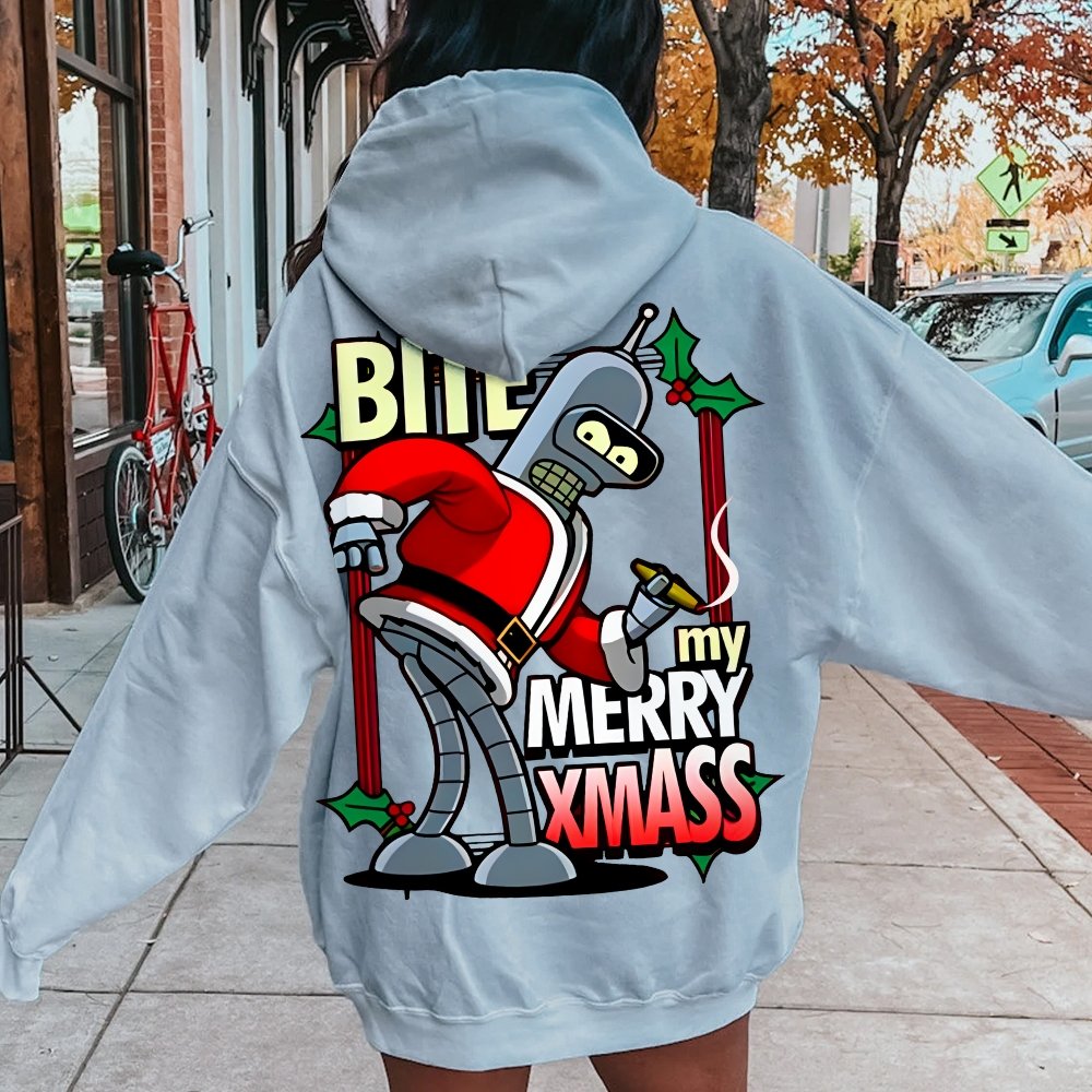 Happy Christmas From Robot Printed Back Cotton Hoodie