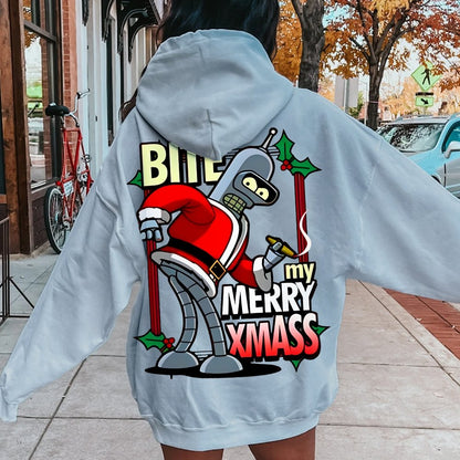 Happy Christmas From Robot Printed Back Cotton Hoodie