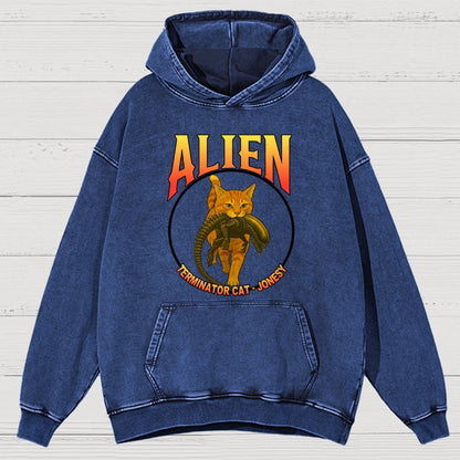 Black Cat Eating Alien Vintage Distressed Hoodie