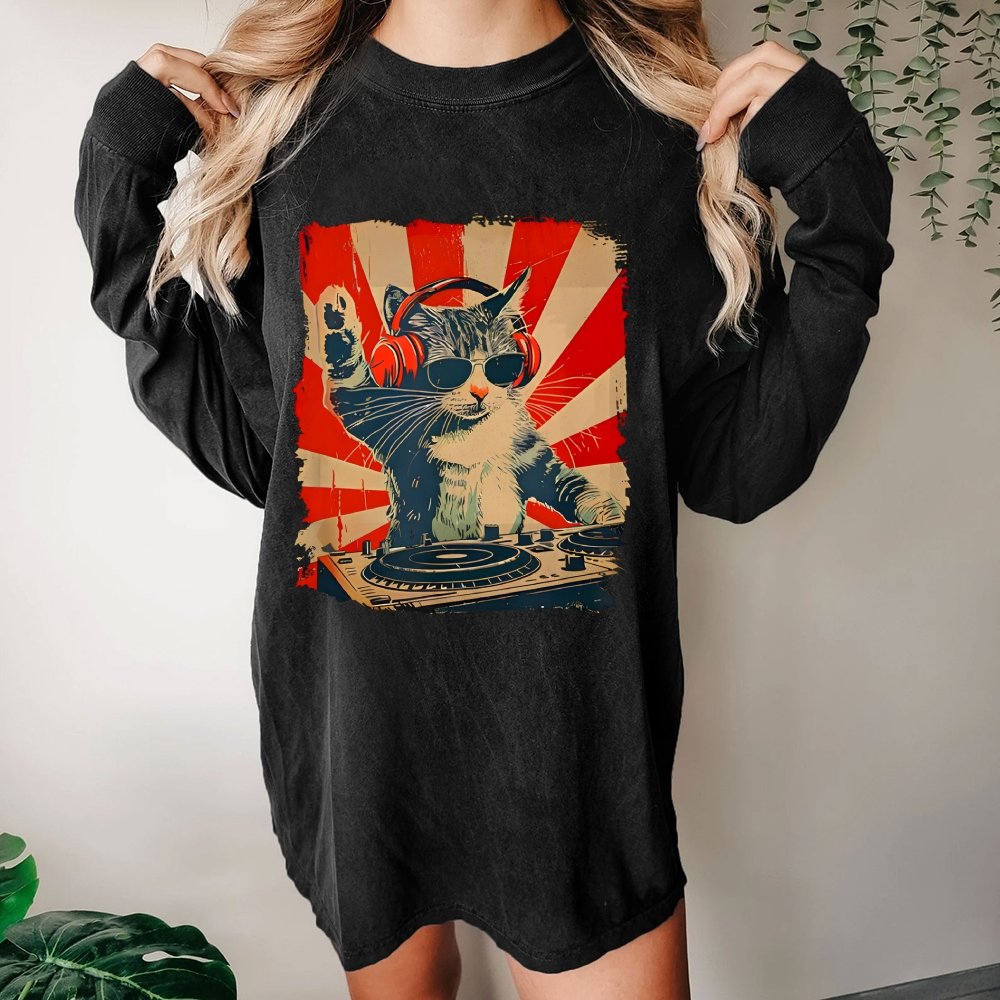 Rock Music Cat Washed Long Sleeve Tee