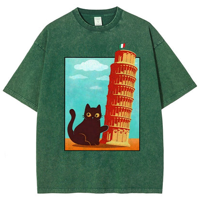 Purrfectly Tilted Funny Cat 。png Vintage Distressed T-shirt