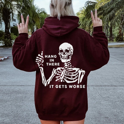 Hang In There Skeleton Printed Back Unisex Cotton Hoodie