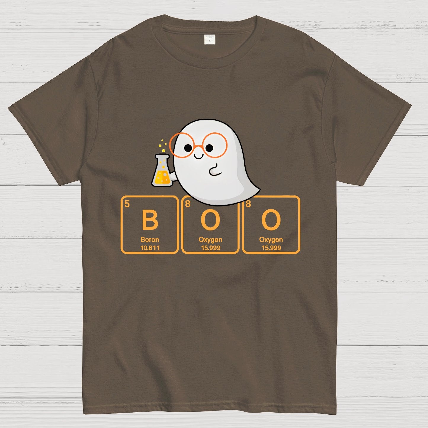 Ghost Scientist With Periodic Table of Elements that Spell BOO, Halloween Geek T-Shirt