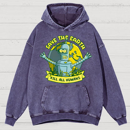 Save The Earth Kill All Humans Vintage Distressed Hoodie