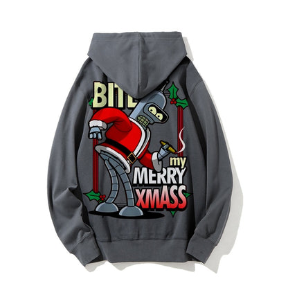 Happy Christmas From Robot Printed Back Cotton Hoodie