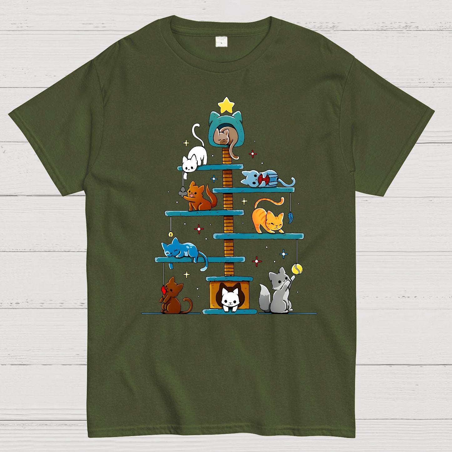 Christmas House Tree Cats Geek T-Shirt