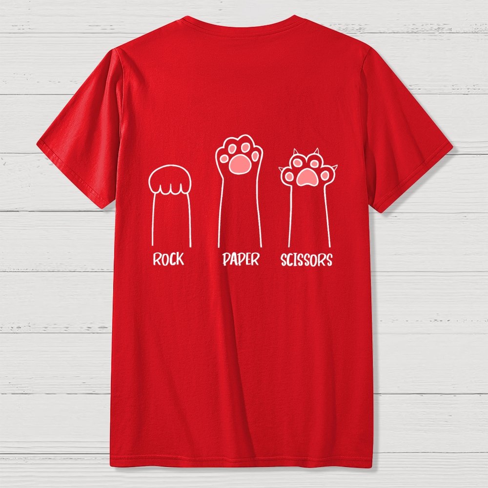 Rock Paper Scissors Hand Game Cute Paw Funny Cat Front And Back Printing Geek T-Shirt