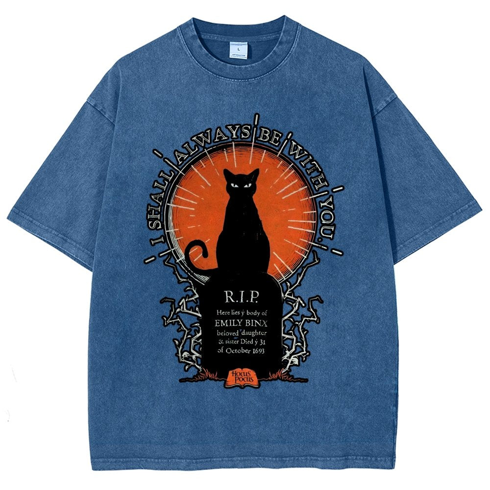 Halloween Cat Print Vintage Distressed T-shirt