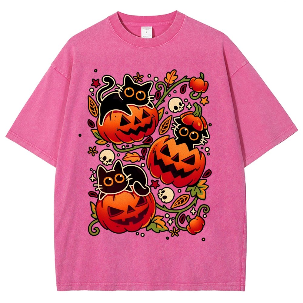 Black Cat Pumpkin Halloween Party Vintage Distressed T-shirt