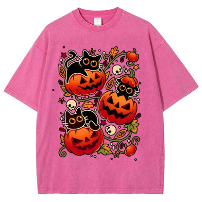 Black Cat Pumpkin Halloween Party Vintage Distressed T-shirt