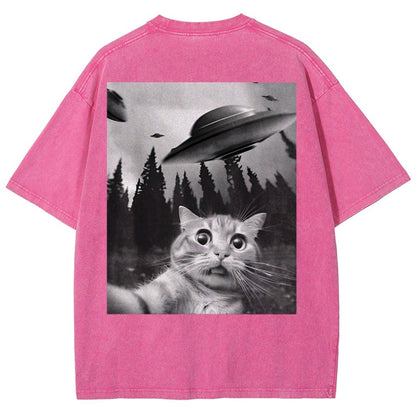 Ufo Cat Back Washed T-Shirt