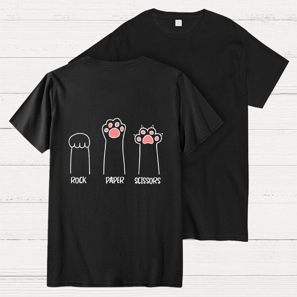 Rock Paper Scissors Hand Game Cute Paw Funny Cat Front And Back Printing Geek T-Shirt