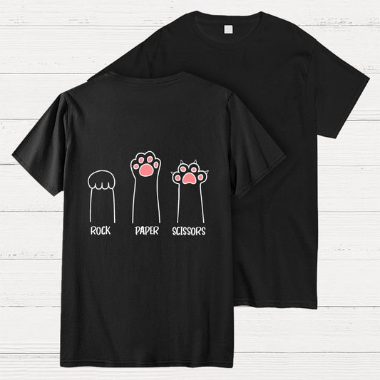 Rock Paper Scissors Hand Game Cute Paw Funny Cat Front And Back Printing Geek T-Shirt