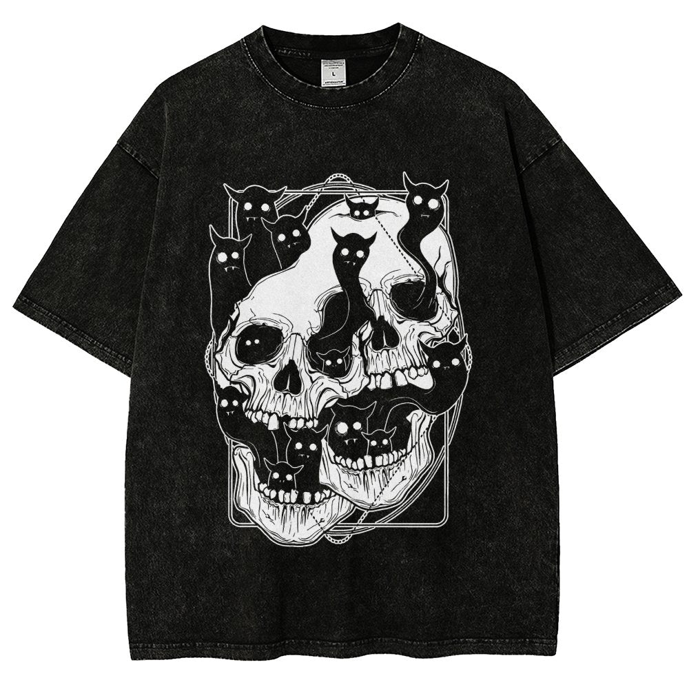 Cat Ghost Double Skull Vintage Distressed T-shirt