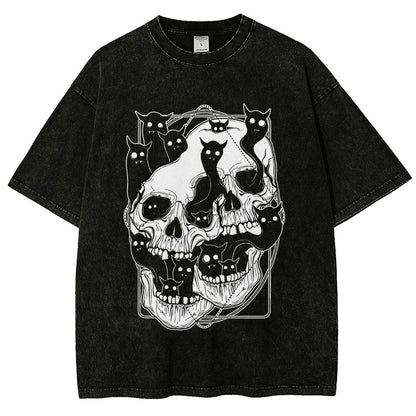 Cat Ghost Double Skull Vintage Distressed T-shirt