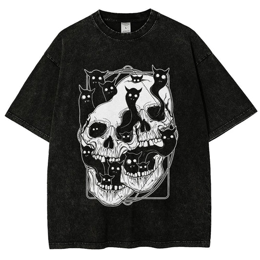 Cat Ghost Double Skull Vintage Distressed T-shirt