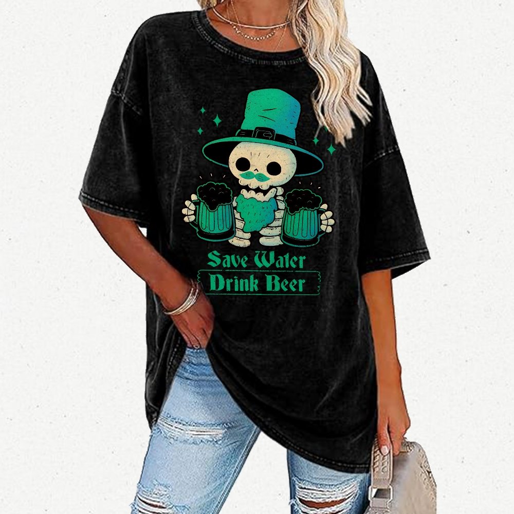 Skeleton St Patrick drinks Beer Vintage Distressed T-shirt
