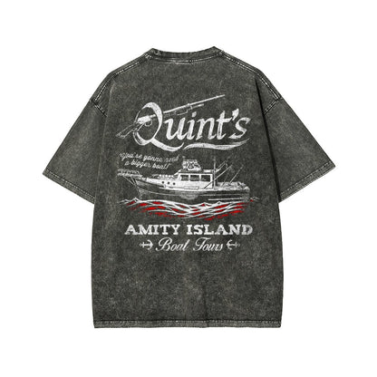 Captain's Shark Fishing Front And Back Printing Washed T-shirt