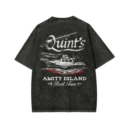Captain's Shark Fishing Front And Back Printing Washed T-shirt