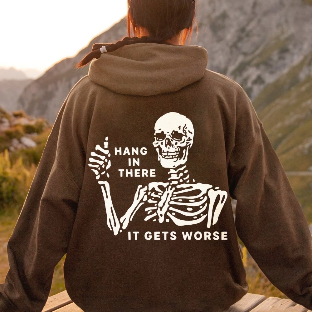 Hang In There Skeleton Printed Back Unisex Cotton Hoodie