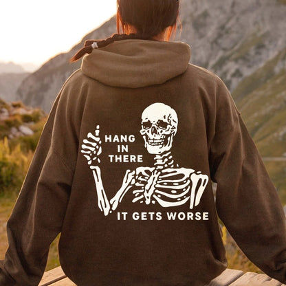 Hang In There Skeleton Printed Back Unisex Cotton Hoodie