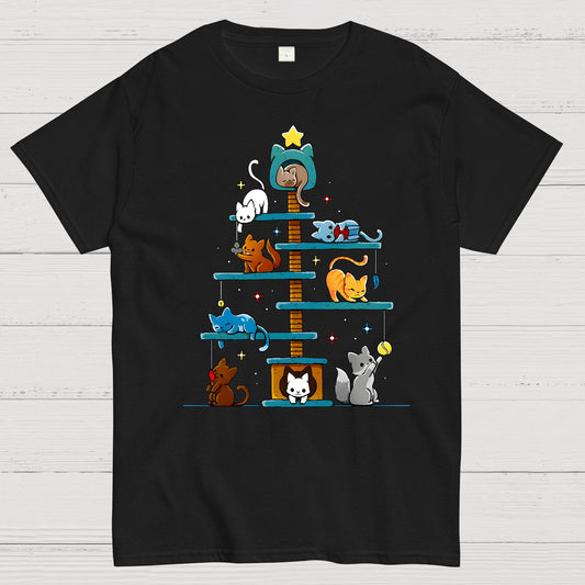 Christmas House Tree Cats Geek T-Shirt