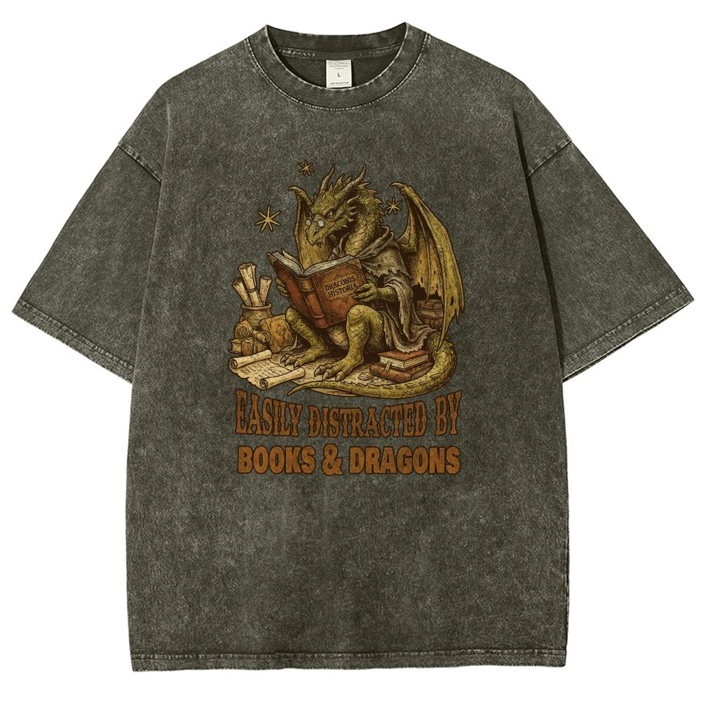 Easily Distracted by Books and Dragons Vintage Distressed T-shirt