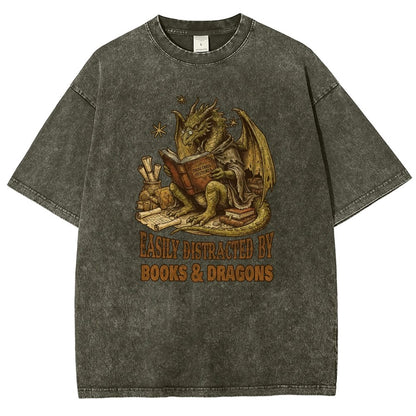 Easily Distracted by Books and Dragons Vintage Distressed T-shirt