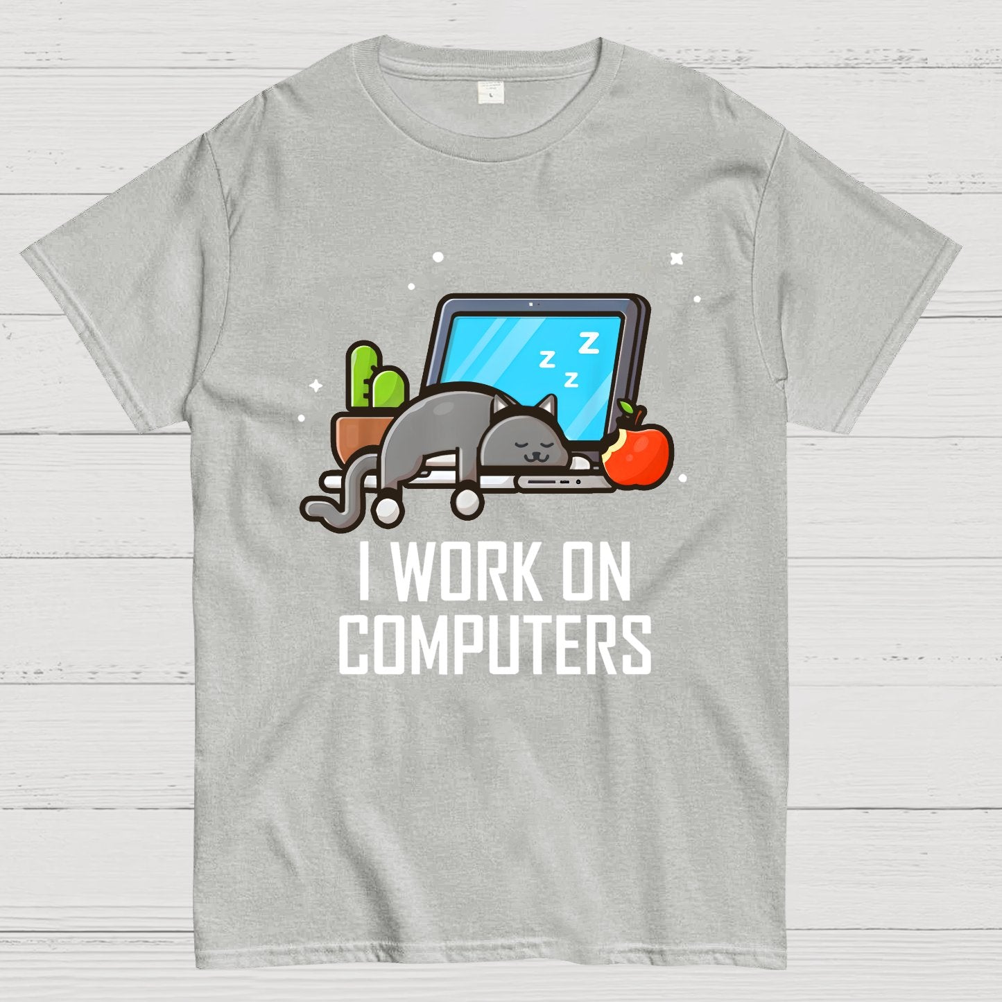 I Work On Computers Funny Cute Tech Coding Cat Geek T-Shirt